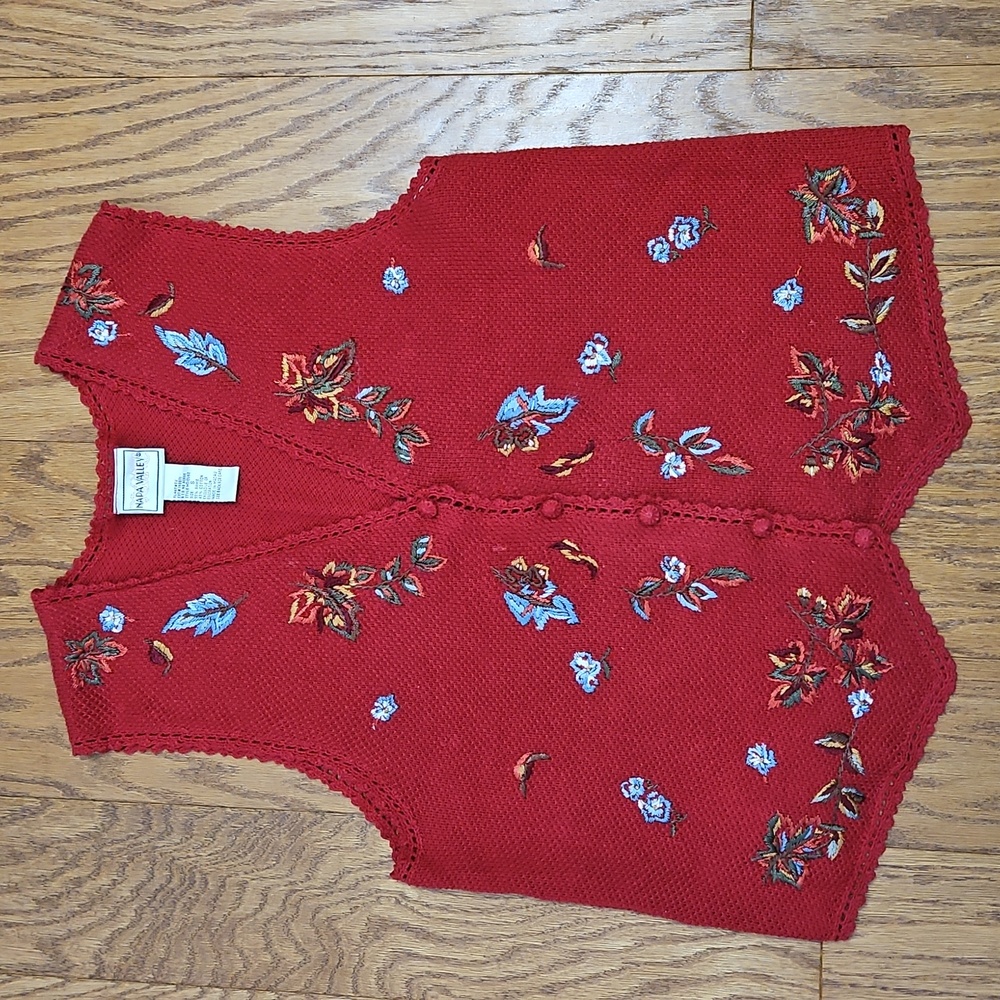 Napa Valley Women's Knit Embroidered Button Up Sweater Vest Granny Red Small